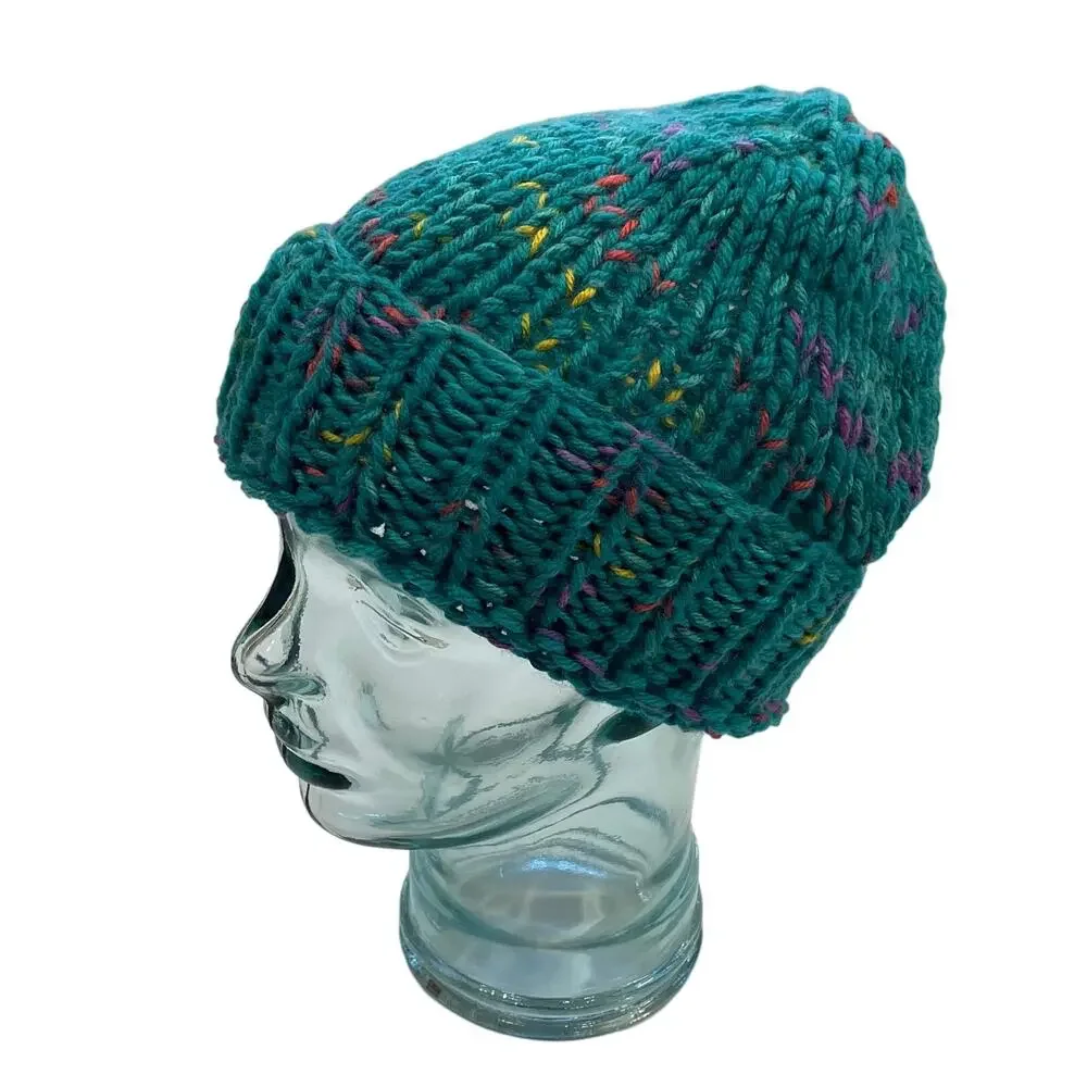 Teal Blue Multicolor Hand Knit Chunky Knit Cuffed Beanie / Hat, Indie, OS